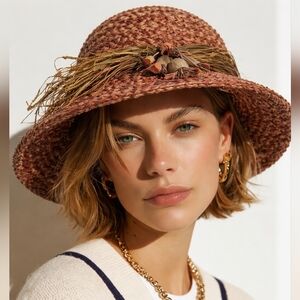 Yvonne Edkins Elegant Woven Straw Sun Hat - Brown and Red NWT